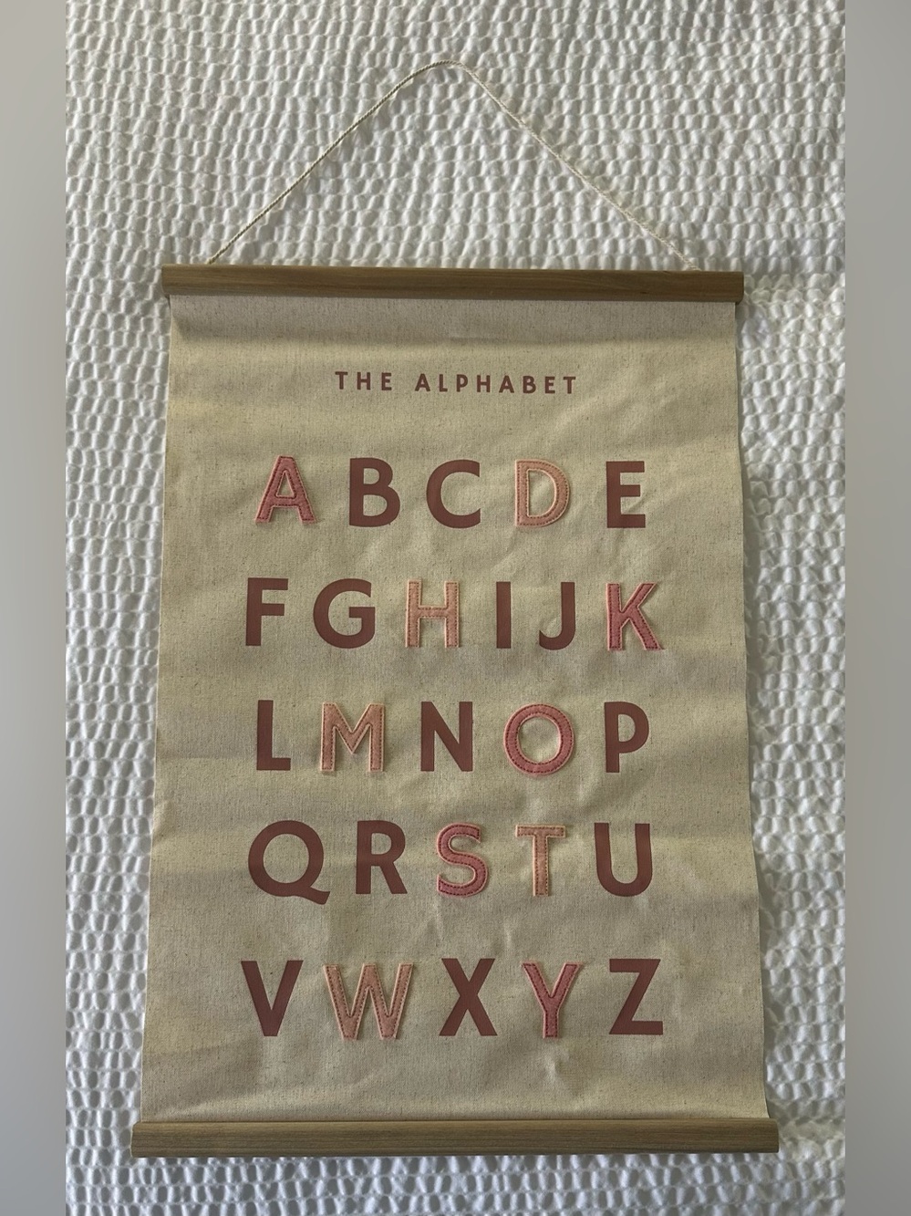 Embroidered alphabet canvas wall hanging • Bon et Beau • brand new • wood frame
